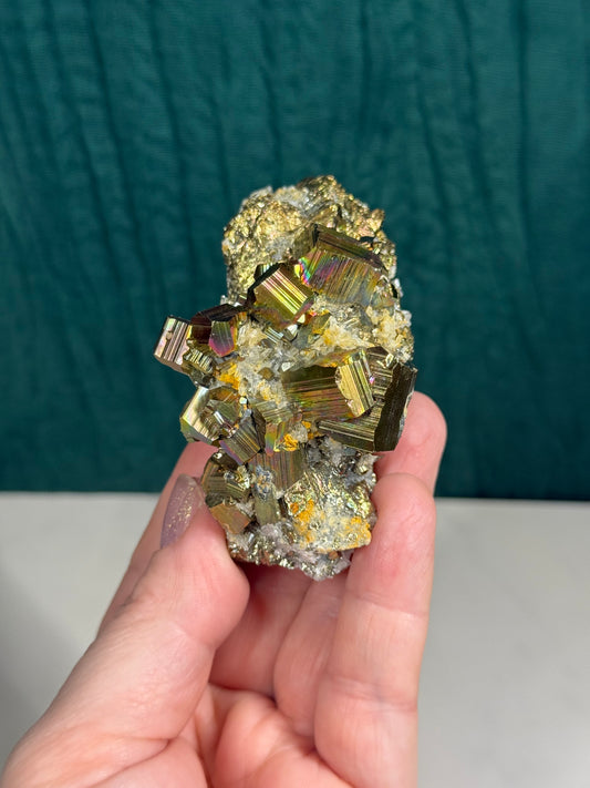 Iridescent Octahedral Pyrite on Quartz