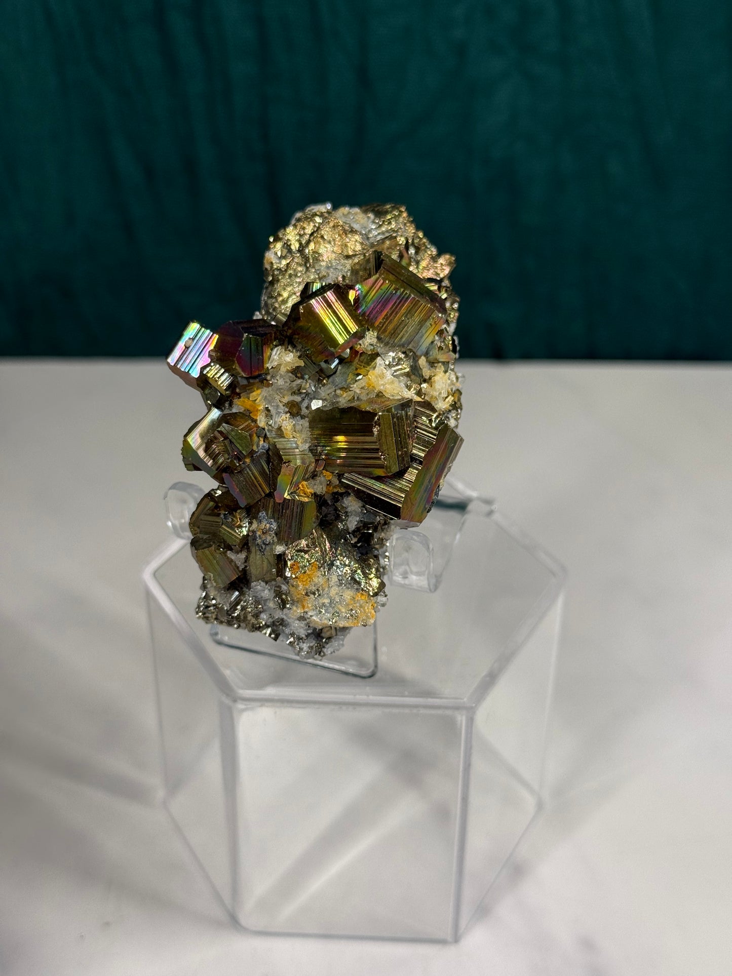 Iridescent Octahedral Pyrite on Quartz