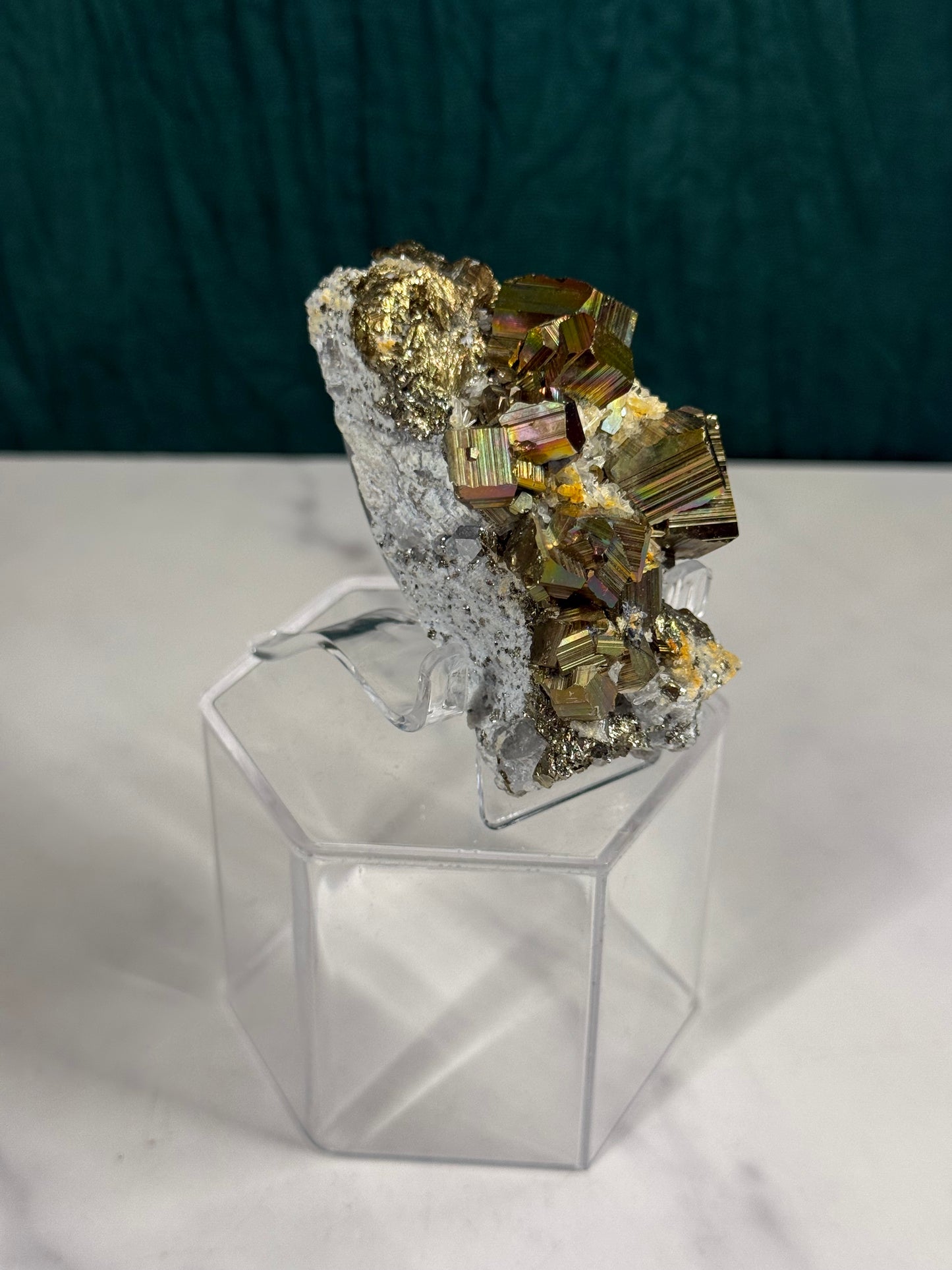 Iridescent Octahedral Pyrite on Quartz