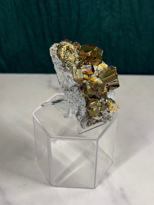 Iridescent Octahedral Pyrite on Quartz