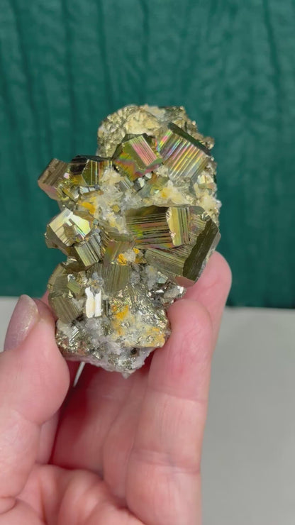 Iridescent Octahedral Pyrite on Quartz